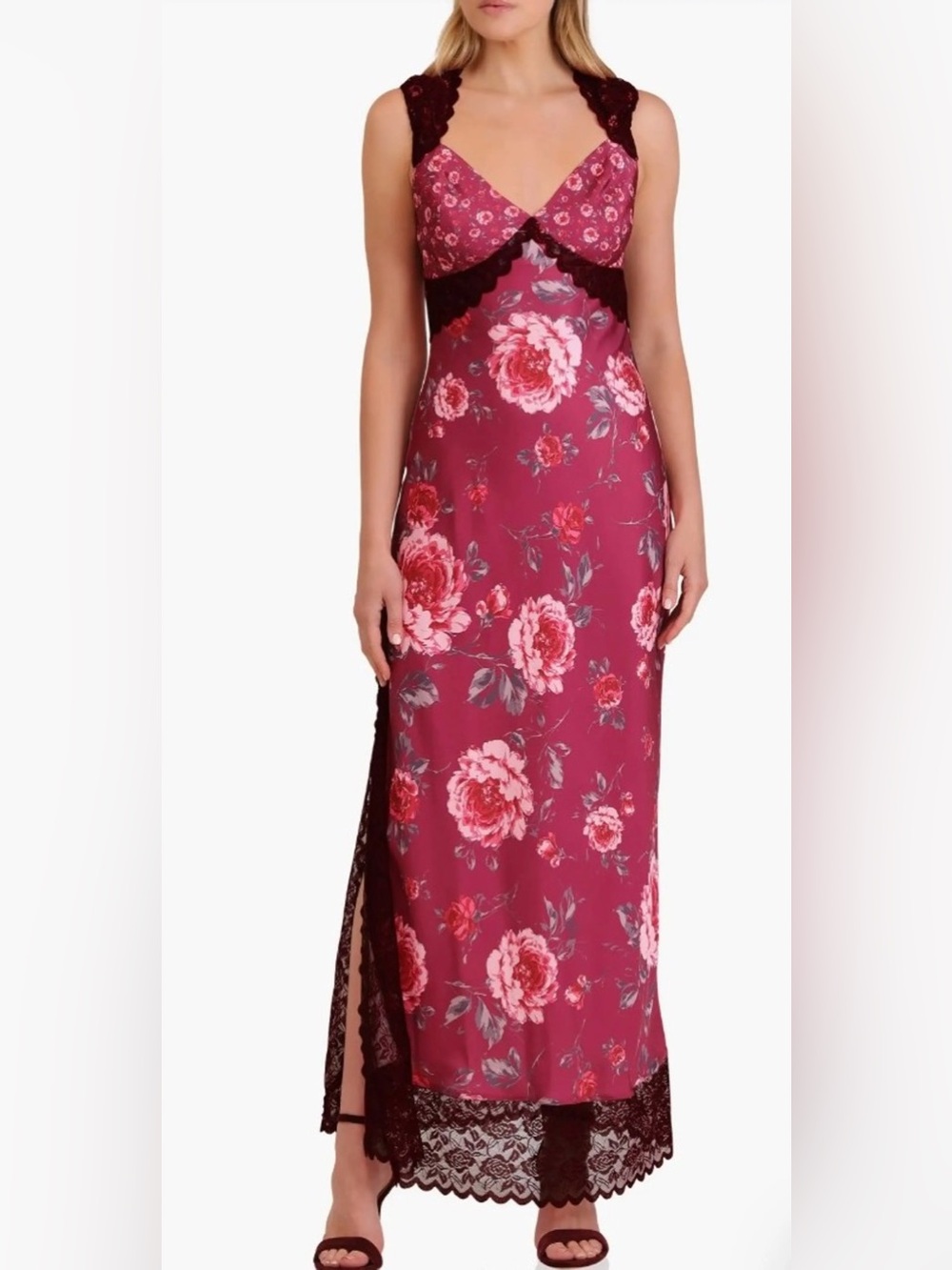 AVEC LES FILLES Revolve Bias Cut Lace Trim Slip Maxi Dress Pink Peony Size 8